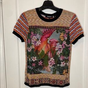 Tropical Parrot and Floral Print T-Shirt